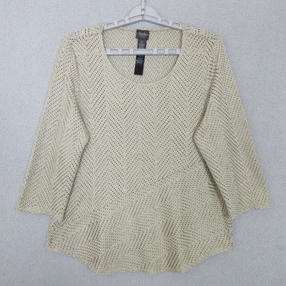 Chicos Travelers Collection Tunic Women 2 Beige Openwork Chevron Knit 3/4 Sleeve